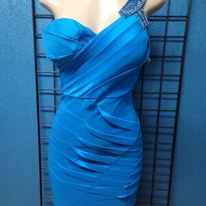 Sculpted One-Shoulder Bodycon Dress in Bright Blue with Jeweled Strap